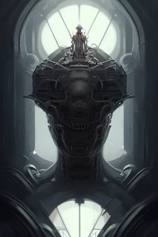 Image similar to professional concept art symmetrical portrait of a ominous floating!! mechanical terrifying!! species thing in a dark room by artgerm and greg rutkowski. an intricate, elegant, highly detailed digital painting, concept art, smooth, sharp focus, illustration, in the style of cam sykes.