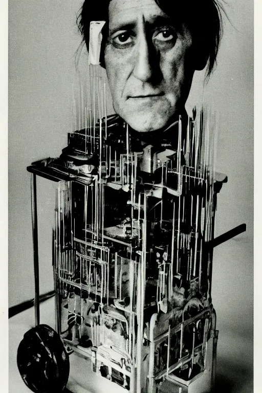 Image similar to a close-up portrait of Marcel Duchamp machine in the style of Hito Steyerl and Shinya Tsukamoto and Irving Penn and Robert Frank