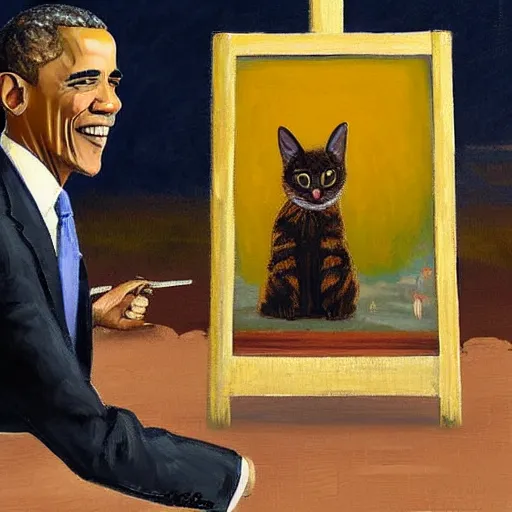 Image similar to obama is dressed as a gentleman at early 2 0 th century paris. he is watching an easel. that easel has a canvas on it. barack obama has a brush on his hand. he is painting a painting. there is a small brown cat with yellow eyes on barack obamas feet. on background has river seine, morning sun, dark clouds, lightning, by frank miller