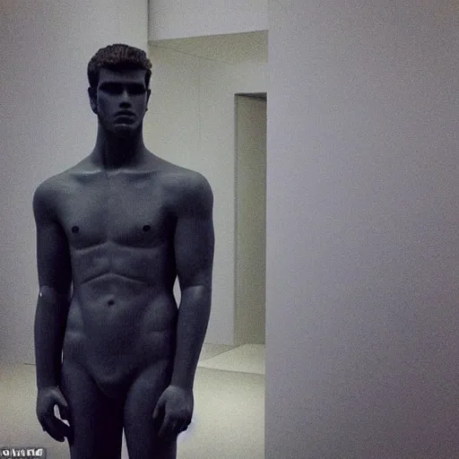 Image similar to “a realistic detailed photo of a guy who is an attractive humanoid who is half robot and half humanoid, who is a male android, actor Liam Hemsworth, shiny skin, posing like a statue, blank stare, at the museum, on display”