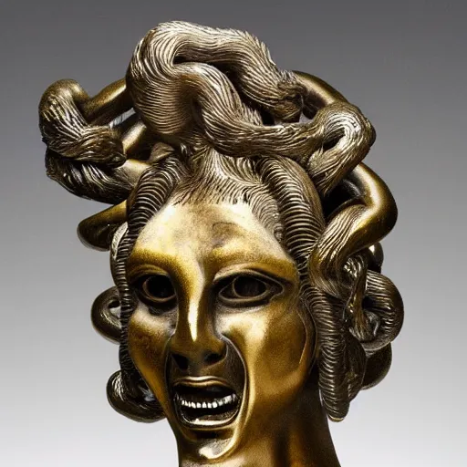 Image similar to medusa sculpted by szukalski and Arno Breker, black bronze,