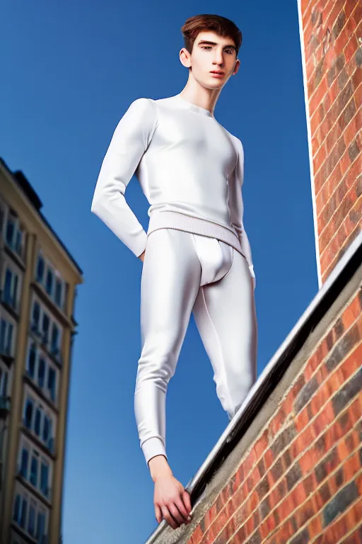 Image similar to un ultra high definition studio quality photographic art portrait of a young man standing on the rooftop of a british apartment building wearing soft padded silver pearlescent clothing. three point light. extremely detailed. golden ratio, ray tracing, volumetric light, shallow depth of field. set dressed.