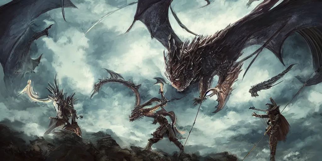 Image similar to korean archer fighting a dragon under the night sky. the archer is in the ground. the dragon in the sky. dark fantasy. high resolution. dungenons and dragons. fantasy. detailed. digital art. dark fantasy.