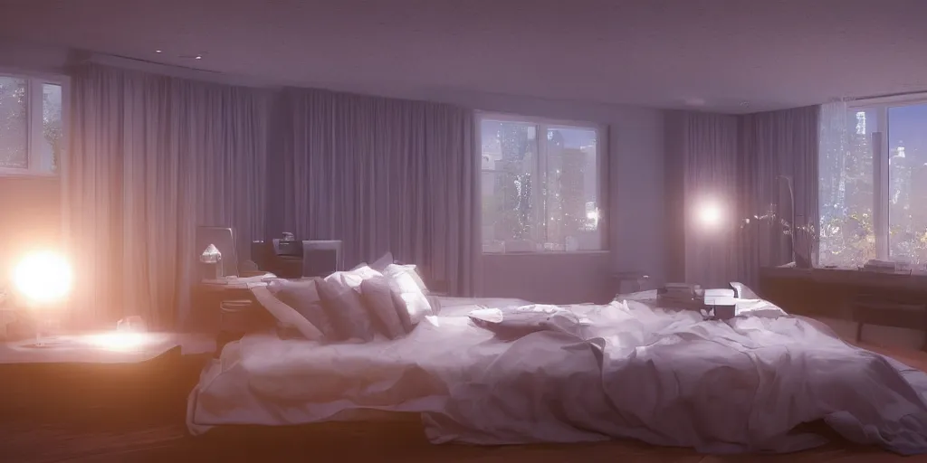 Image similar to beautiful bedroom at night, award - winning digital art, anime, volumetric lighting