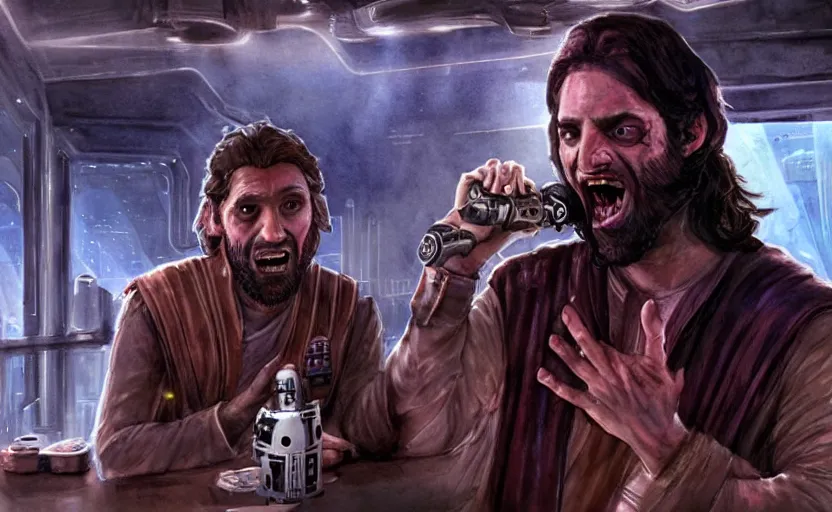 Image similar to an accurate realistic star wars watercolor fantasy concept art of a drug dealer that looks like chris d'elia screaming in a sleazy futuristic bar of coruscant, hq, 4 k