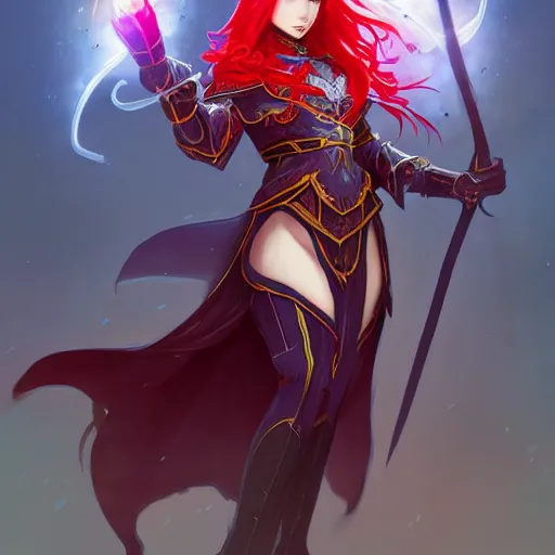 Prompt: a female elven cleric with red long hair, very good beautiful heavy scale armor, wearing a cape, casting a fire spell, magical, bright, colorful, fantastic lighting, amazing details, 4 k uhd, illustration by stephanie brown and mingchen shen and ilya kuvshinov, artstation, pixiv, concept art,