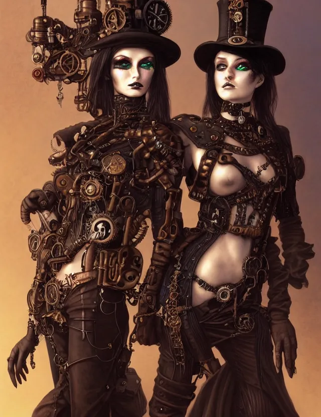 Image similar to a portrait of two steampunk goth girls, by moebius and tyler edlin and hr giger, trending on artstation, digital art, 4 k resolution, detailed, high quality, sharp focus, hq artwork, coherent, insane detail, concept art