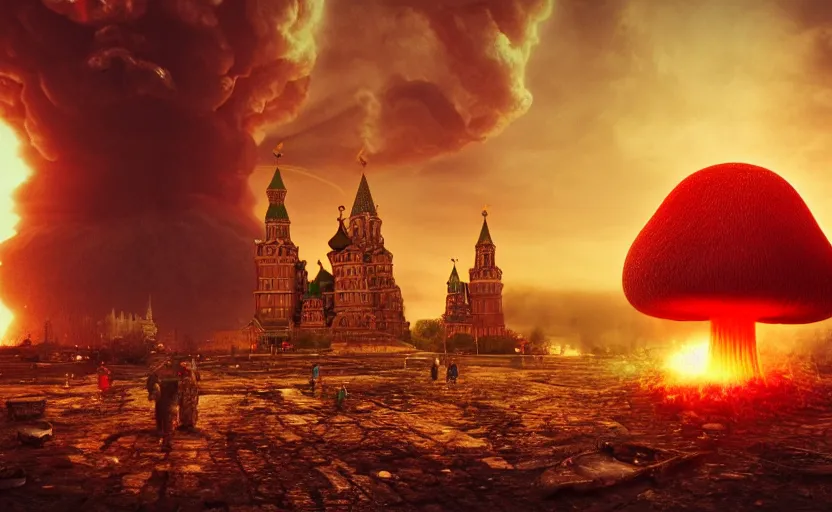 Image similar to nuclear explosion with realistic nuclear mushroom in Red Square Kremlin, cinematic shot, extremely high detail, photo realistic, cinematic lighting, post processed, artstation, matte painting, digital painting