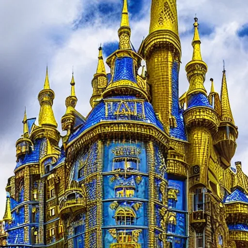 Image similar to a irisdescent bubble flies high in the clouds. a magical mirror castle floats in this bubble, with yellow diamonds on the facade and many filigree turrets, insanely detailed, 8 k, 3 d, splendid