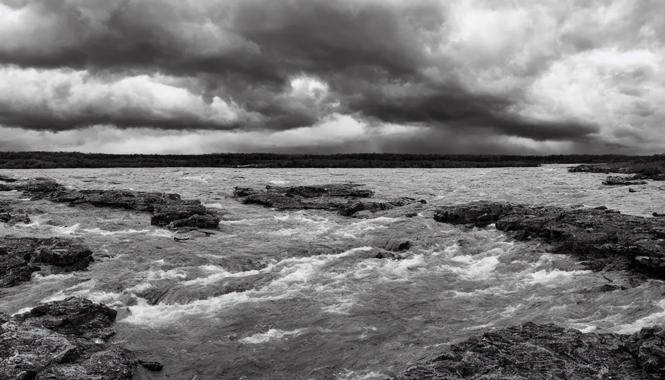 Prompt: barren river with large storm clouds and a single island