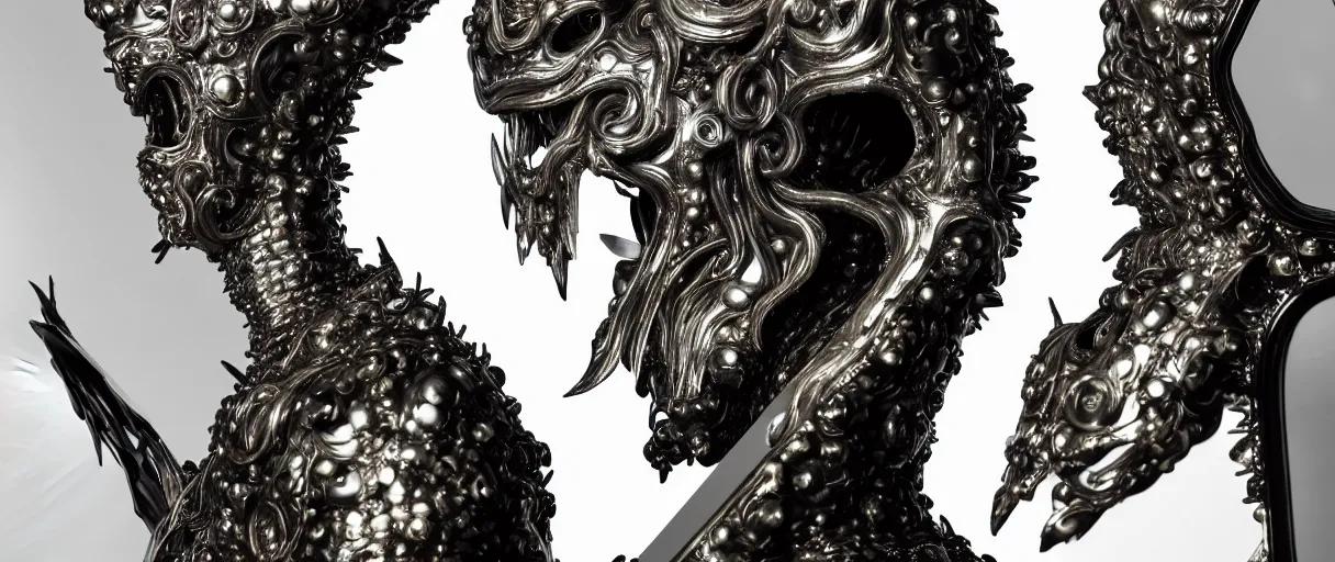 Image similar to hyperrealist highly detailed neo-baroque portrait of high fashion monster demon wearing reflective mirror mirrored reflection armor, concept art pascal blanche dramatic studio lighting 8k wide angle shallow depth of field