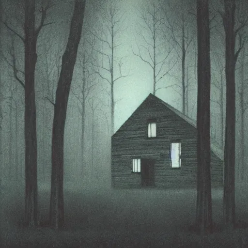 Image similar to a Illustration of a Eerie cabin in the middle of the woods in the style of Beksinski