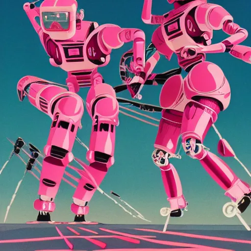 Image similar to a japanese woman battles pink robots, illustrated, detailed, 4 k