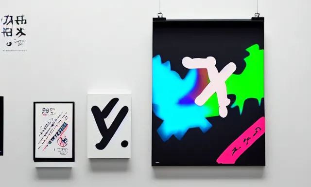 Image similar to Souvenirs from Japan, a poster design for a contemporary graphic design exhibition, in the style of Merijin Hos and KAWS, clean color and neon fluorescent airbrush accents typographic graphic design volumetric octane render