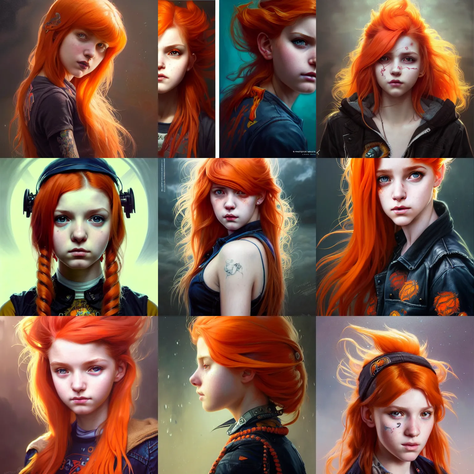 Image similar to portrait painting of a cute teenage girl with wild orange hair swept back wearing punk clothes, ultra realistic, concept art, intricate details, eerie, highly detailed, photorealistic, octane render, 8 k, unreal engine. art by artgerm and greg rutkowski and charlie bowater and magali villeneuve and alphonse mucha