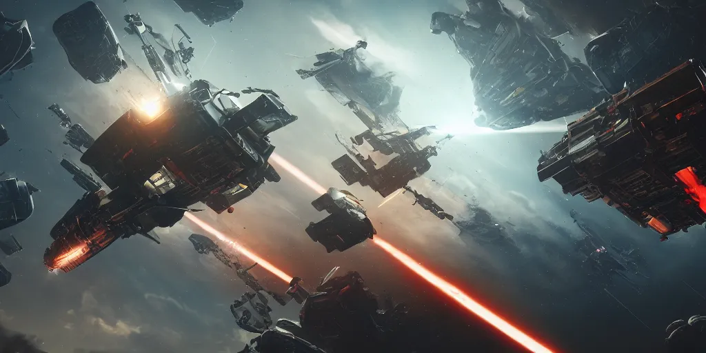 Image similar to dramtic spacecraft battle scene, sci-fi movie shot, ultra detailed, octane render, laser fire and explosions, trending on artstation, 4k