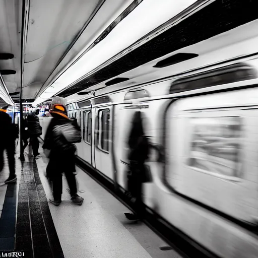 Image similar to of an octopus invading a interior of a subway train in new york, people are running away scared, shutter speed is 8 0,