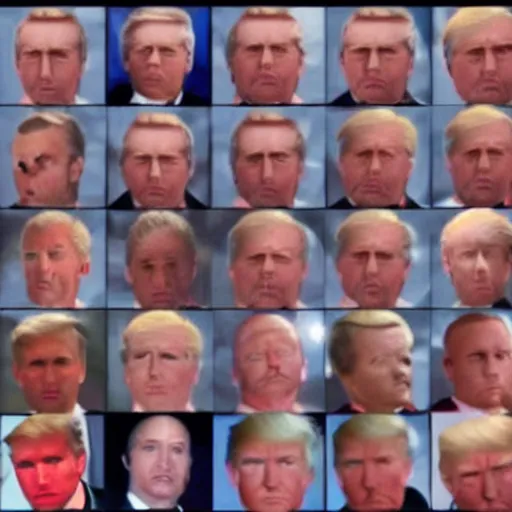 Prompt: CCTV footage of an entire room filled with Donald Trump clones staring at the camera, creepy, nightvision, screencapture