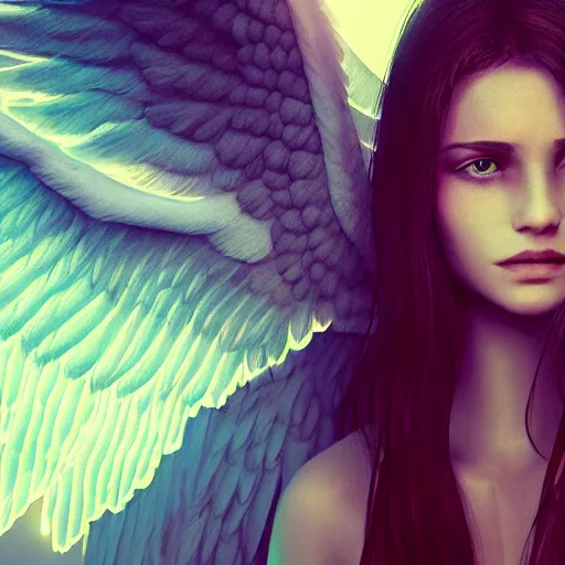 Image similar to portrait art of female angel by alessio albi 8 k ultra realistic, angel wings, lens flare, atmosphere, glow, detailed, intricate, full of colour, cinematic lighting, trending on artstation, 4 k, hyperrealistic, focused, extreme details, unreal engine 5, cinematic, masterpiece