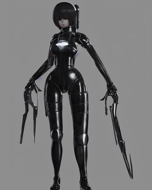 Prompt: CAD screenshot of a realistic android bodyguard modeled after 2B from Nier Automata and with slender body type and prominent ceramic hex tile armor plates, solidworks, catia, autodesk inventor, unreal engine, gynoid cad design inspired by Masamune Shirow and Tsutomu Nihei and Ross Tran, product showcase, octane render 8k