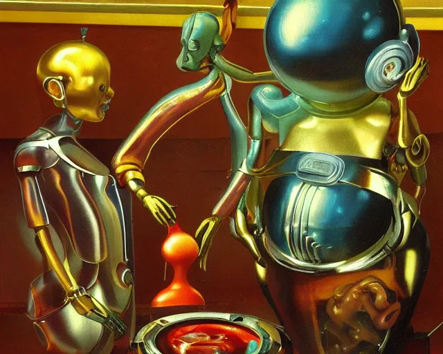 Prompt: strange seductive futuristic robot body, enticing colorful oil painting dutch golden age vanitas still life sparse composition with bulbous objects strange gooey transparent surfaces shiny metal reflections bizarre mutant meat insects rachel ruysch dali todd schorr very detailed perfect composition rule of thirds masterpiece canon 5 0 mm, cinematic lighting, photography, retro, film, kodachrome
