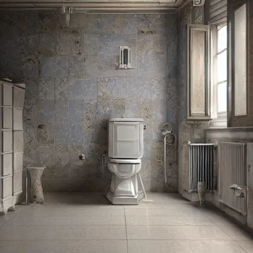 Image similar to hyperrealistic mixed media high resolution painting of a Toilet, stunning 3d render inspired art by István Sándorfi and Greg Rutkowski and Unreal Engine, perfect symmetry, dim volumetric lighting, 8k octane beautifully detailed render, post-processing, extremely hyper-detailed, intricate, epic composition, highly detailed attributes, highly detailed atmosphere, cinematic lighting, masterpiece, trending on artstation, very very detailed, masterpiece, stunning, flawless structure, lifelike texture, perfection,