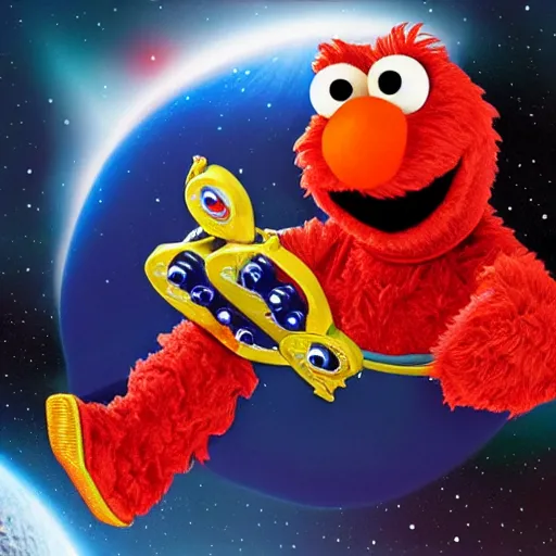 Image similar to Elmo playing gutair in space, hyper realistic, HD, HQ, photorealism, photo realistic