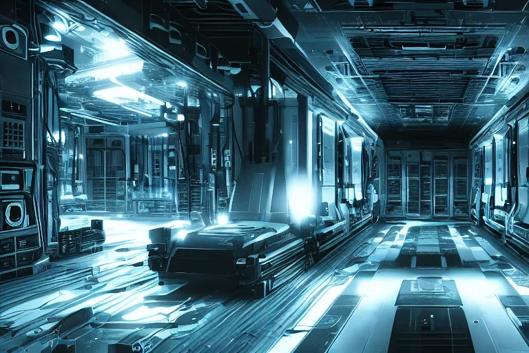 Image similar to parallax datacenter server room interior single mono colossus white rusty android guest robosaurus tusk artstation cinematic detailed concept art sharp coherent cgsociety symmetric perfect well balanced shadows lotr supercomputer routers starwars