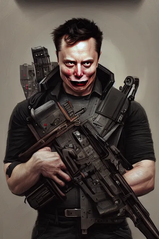 Image similar to elon musk as punisher, realistic portrait, skull on vest, highly detailed, digital painting, artstation, concept art, smooth, sharp focus, illustration, cinematic lighting, art by artgerm and greg rutkowski and alphonse mucha