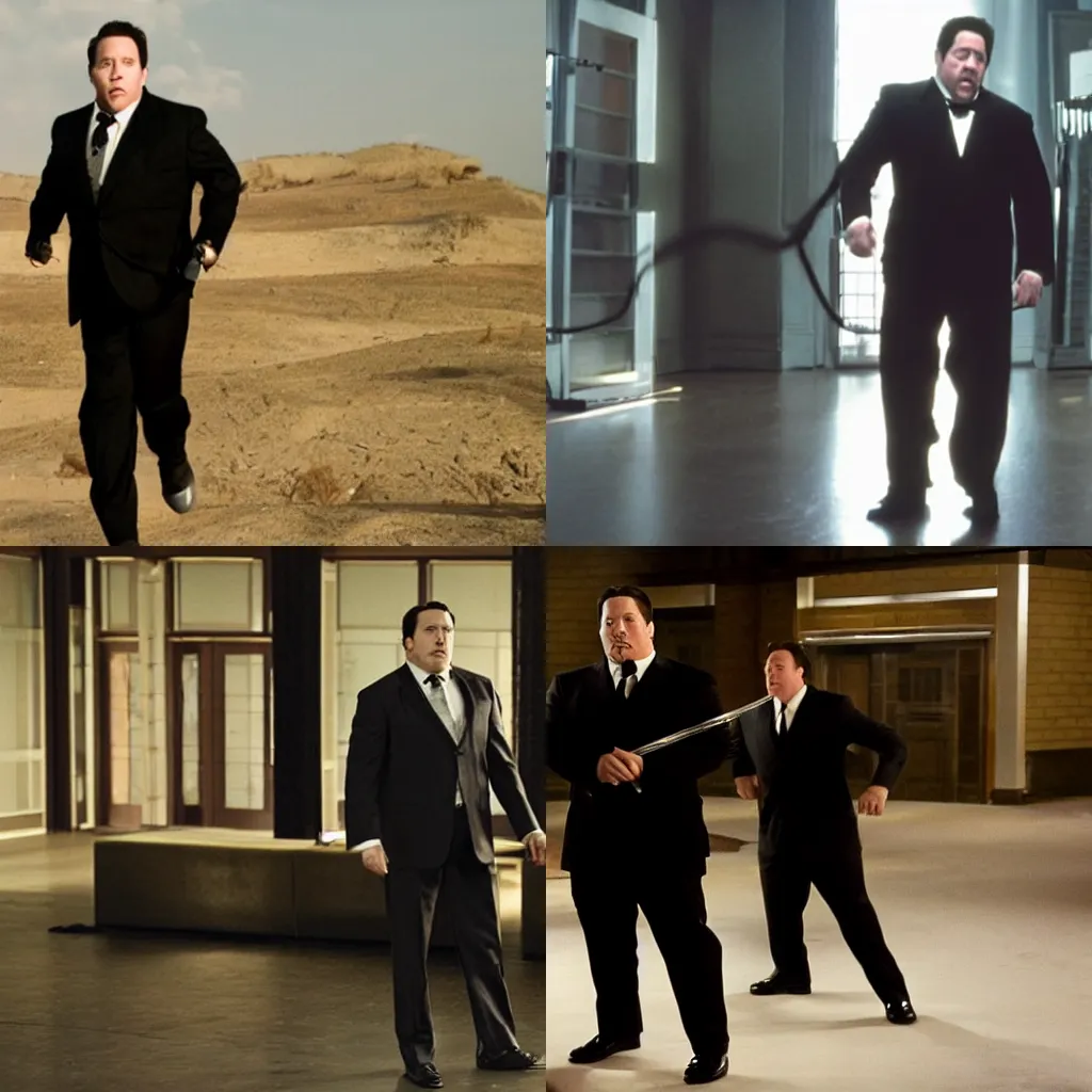 Prompt: clean-shaven Jon Favreau as Happy Hogan wearing a black suit and black necktie jumping rope cinematic 35mm film still from 2009