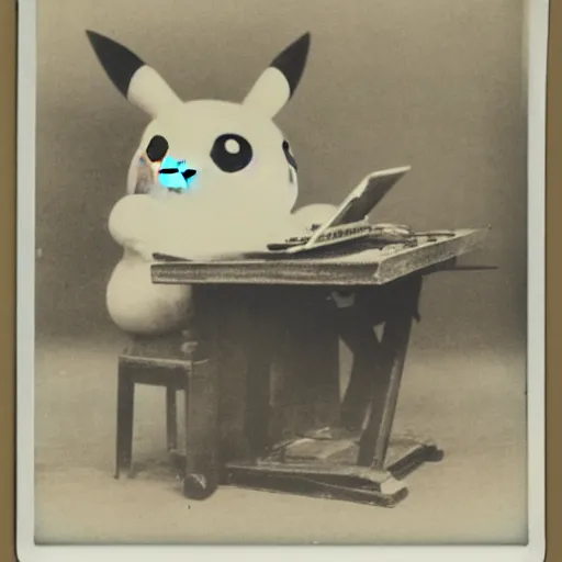 Image similar to old polaroid depicting pikachu from the 1 9 th century working at a modern day laptop