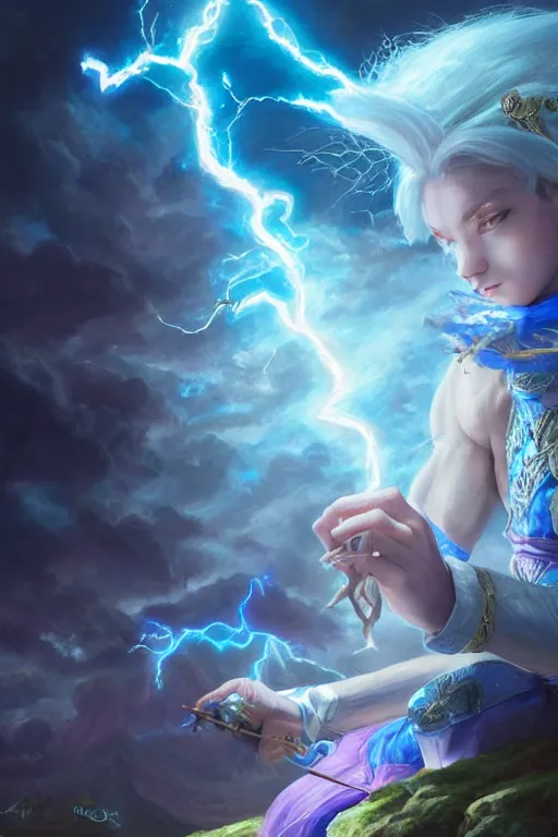 Prompt: legendary fairy prince casting a lightning spell,, lightning energy, blue energy, highly detailed, d & d, fantasy, highly detailed, digital painting, trending on artstation, concept art, sharp focus, illustration, global illumination, ray tracing, realistic shaded, art by artgerm and greg rutkowski and fuji choko and viktoria gavrilenko and hoang lap