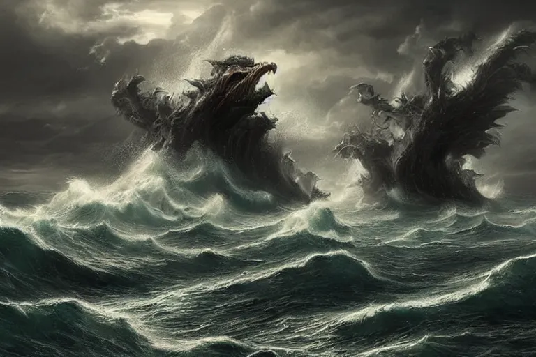 Image similar to immense powerful serpentine sea monsters battling among crashing waves, highly detailed fantasy art, dramatic lighting, stormy weather, great quality,