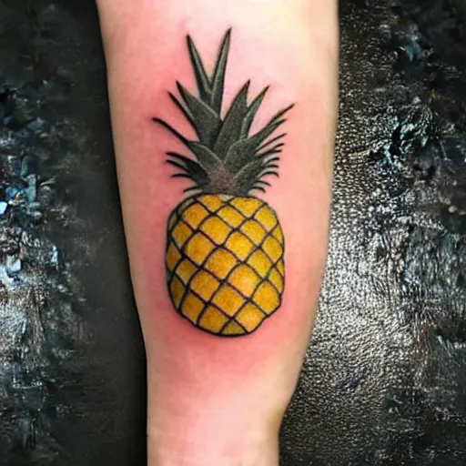 Image similar to professional 3 d render of a ripe luscious pineapple tattoo on an arm that's also edible