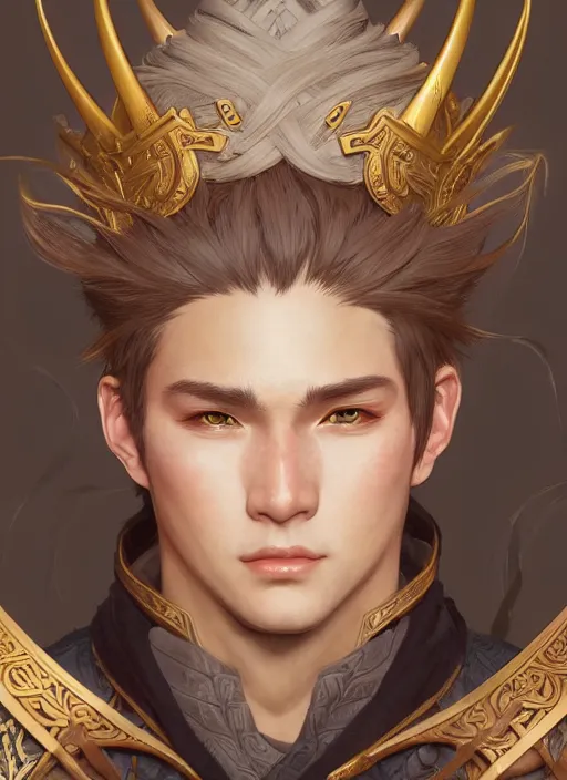 Prompt: portrait of a handsome young warrior with horns, clean - shaven, realistic anime, intricate, highly detailed, unreal engine 5, 8 k, digital fantasy illustration, art by rossdraws and alphonse mucha, sharp focus, octane render, trending on artstation,