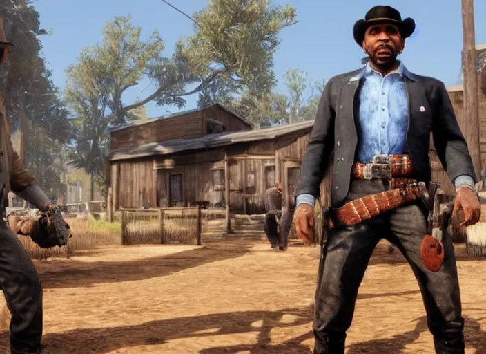 Prompt: still of stephen a. smith from espn's first take as a cowboy in red dead redemption, playstation 3, ps 3