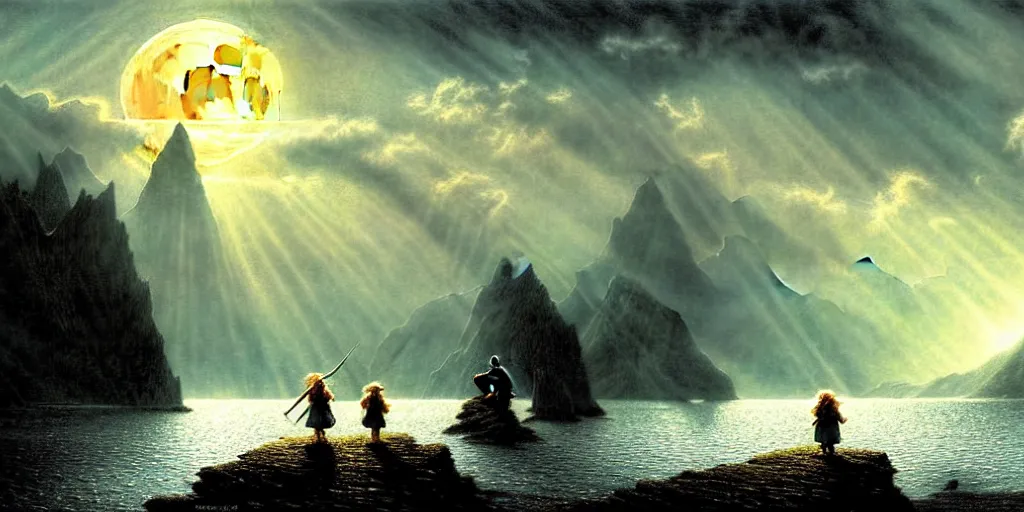 Image similar to three hobbits out at a lord of the rings scenery landscape, staring across the sea at a white timber sail boat leaving harbour, evening, god's rays highly detailed, vivid colour, soft clouds, full moon, cinematic lighting, perfect composition, gustave dore, derek zabrocki, greg rutkowski, belsinski