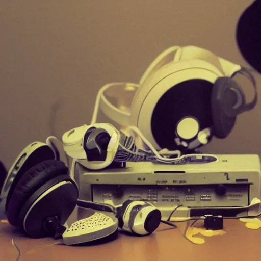 Prompt: A still life set in outerspace, cassette tape, headphones, Henrique Alvim Corrêa, Hercules Brabazon,