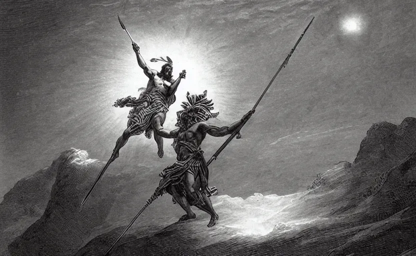 Prompt: the great greek warrior with a spear piercing the edge of the universe from the book of the long sun by gene wolfe, by gustave dore