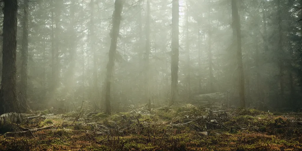 Image similar to The Grand Budapest Hotel in the woods, lost place photo, sunrays, mystic, mist, volumetric lights, wilderness, dirt, dramatic, cinematic, 8K, award winning photo