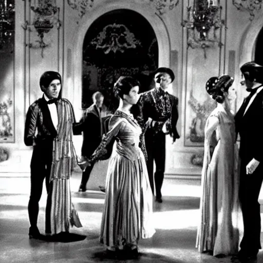 Prompt: ballroom scene from the leopard by luchino visconti with alain delon and claudia cardinale and an extraterrestrial!!!! set in the 1 9 th century in an italian villa. technicolor!!!!, highly intricate, 5 0 mm