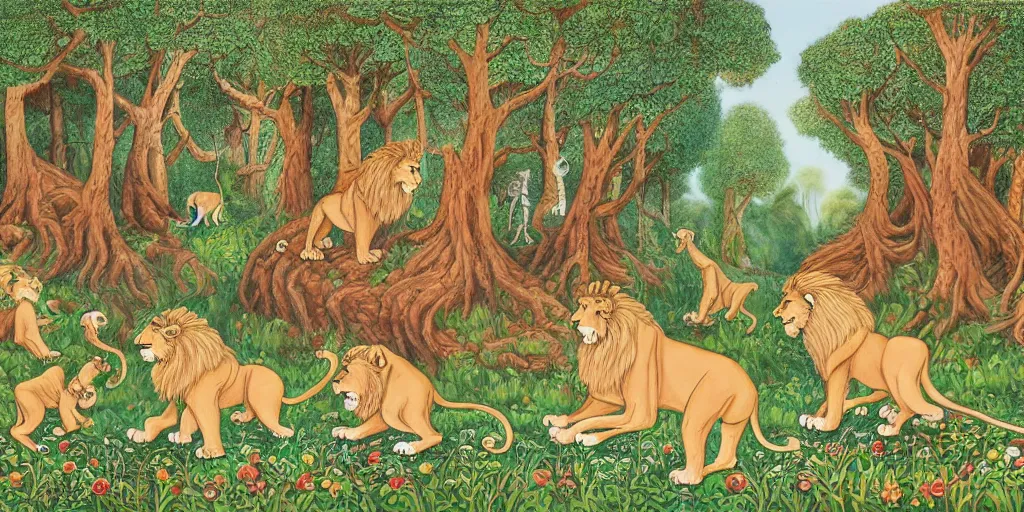 Prompt: lions in front of birthday table in fairytale forest , huge scale, high detail, intricate by Axel Scheffler