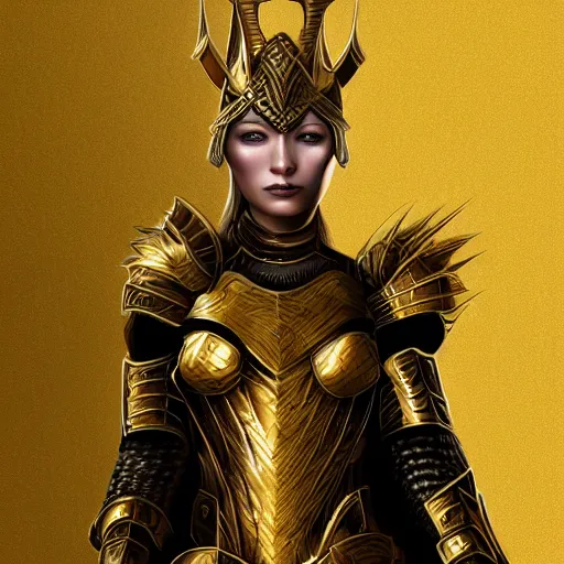 Image similar to female warrior in gold and black armor, semi-realistic, fantasy, digital painting, highly detailed