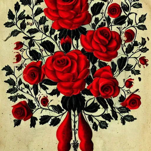 Prompt: bouquet of flowers, red and black roses, medieval illumination, intricate details