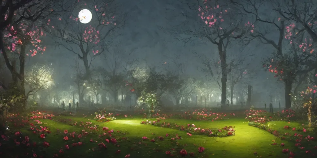 Image similar to A beautiful oil painting of a garden filled with roses and trees, nighttime, bright moonlight, big moon, high contrast colors, magical atmosphere, by greg rutkowski, trending on artstation