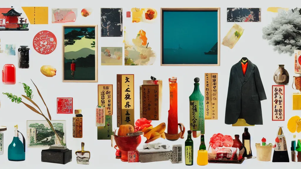 Image similar to an arrangement of gourmet traveller props, japan, a collage painting, in the style of wes anderson, lola dupre, david hockney, isolated on negative white space background dark monochrome neon spraypaint accents volumetric octane render