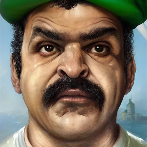 Image similar to hyper realistic portrait, beautifully rendered, luis guzman as luigi wearing green, smirking deviously, luigi, painted by greg rutkowski, wlop, artgerm, dishonored 2