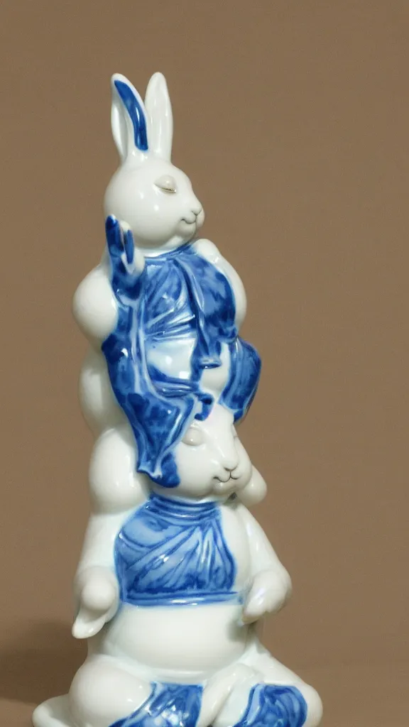 Image similar to porcelain rabbit budda statue with blue arabesque details painted by john singer sargent