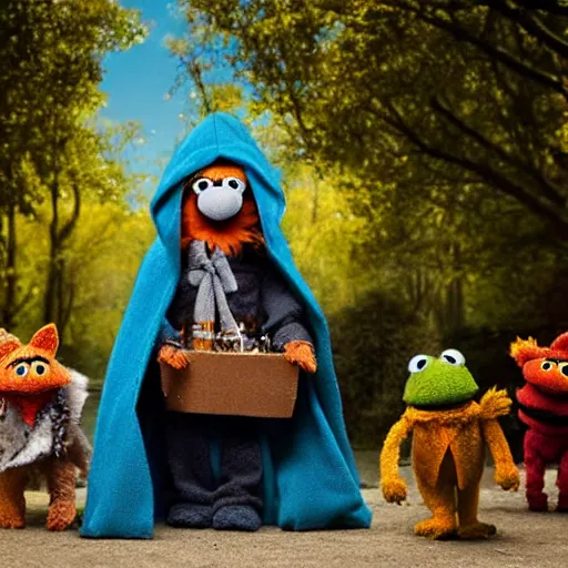 Image similar to a chibi foxfolk muppet druid wizard wearing a hooded cloak holding a small muppet animal with a small herd of random muppet animals following behind, sesame street, photograph, photography, ultrarealistic, national geographic