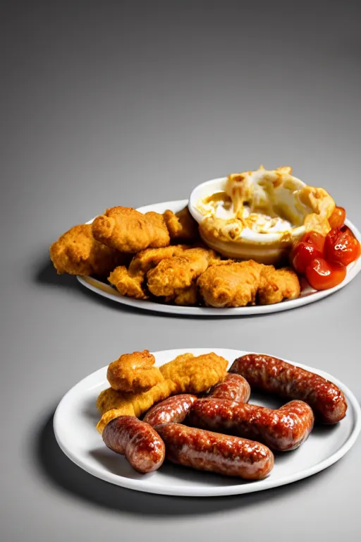 Image similar to nugget and sausage on plate, high resolution, photorealistic, smooth, details, 4 k, aesthetic lighting, baroque object, sharp focus, hyperdetailed object, professional photography, pullitzer winning, 8 0 0 mm lens, photo by : canon eos 5 d mark iv, by karah mew and adnan abidi and jodie bateman